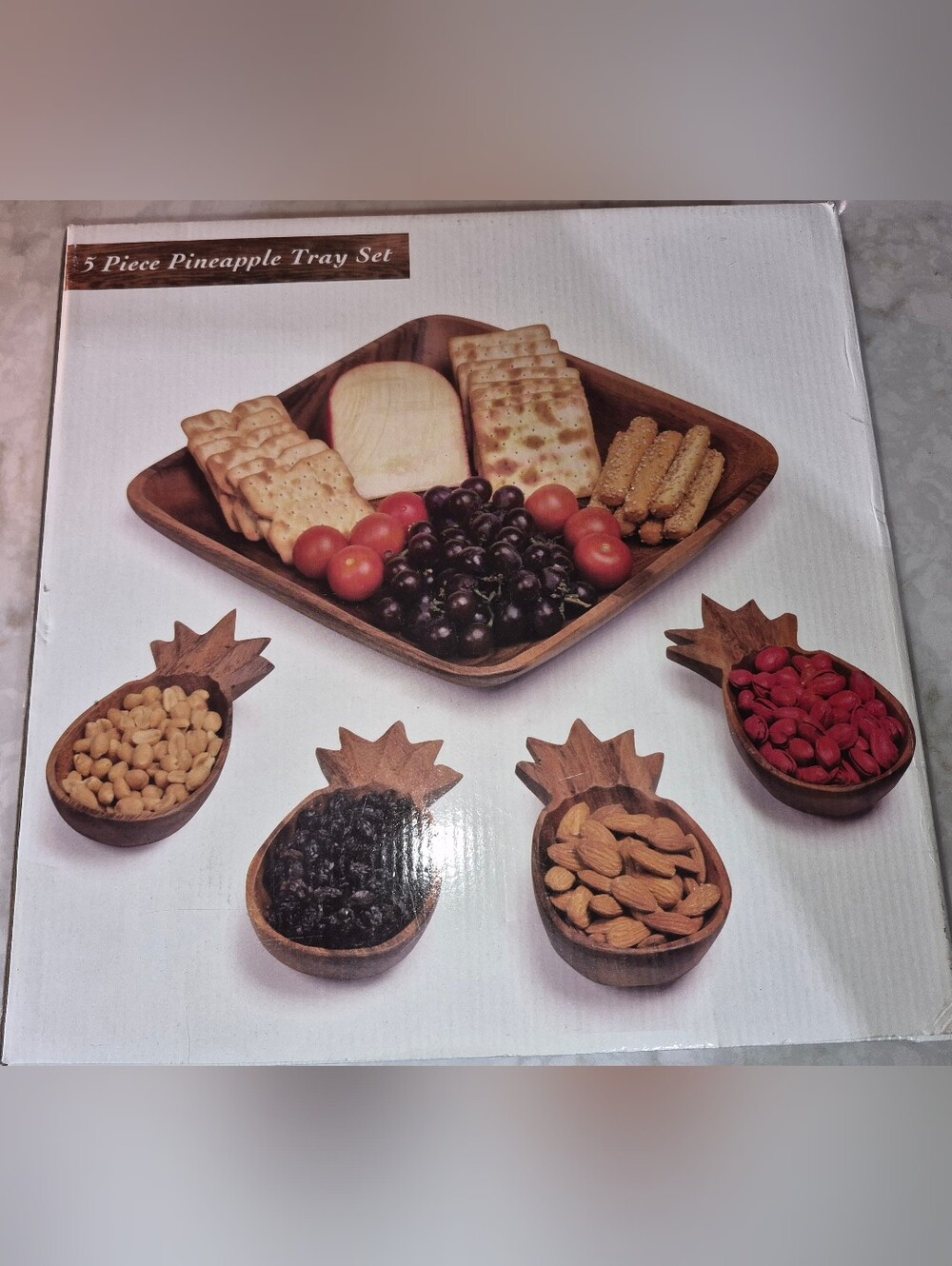 Vintage-style 5-piece wooden pineapple tray and bowl,nl New In The Box, - Picture 2 of 5